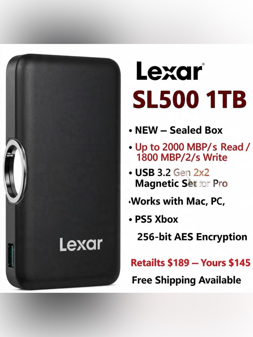 NEW Lexar 1TB Portable SSD for iPhone 15/16 Pro – SL500 2000MB/s